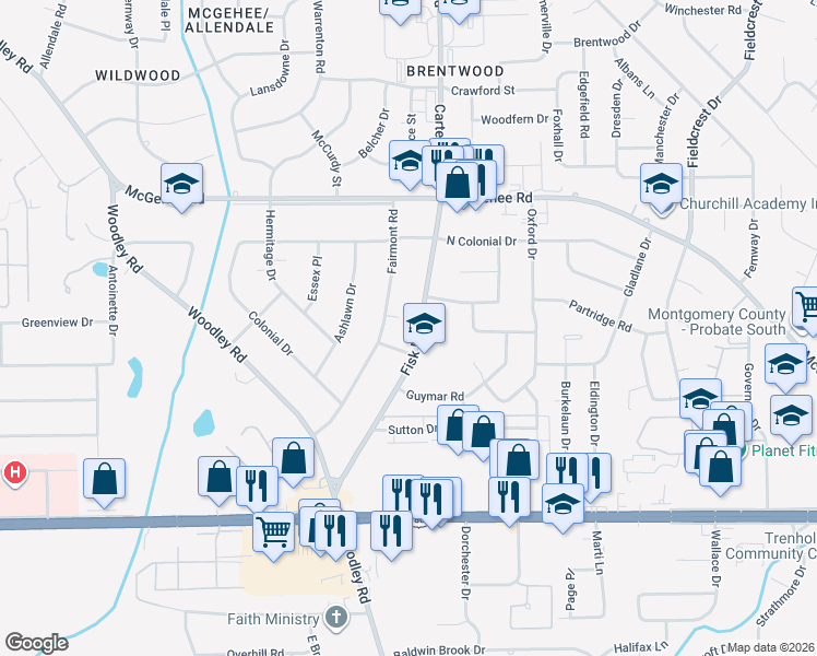 map of restaurants, bars, coffee shops, grocery stores, and more near 2650 Fisk Road in Montgomery