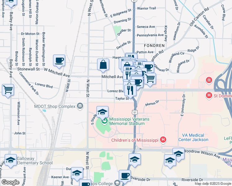 map of restaurants, bars, coffee shops, grocery stores, and more near 2817 Oxford Avenue in Jackson