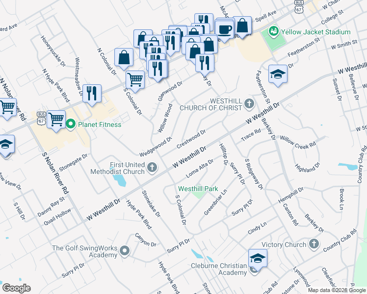 map of restaurants, bars, coffee shops, grocery stores, and more near 1218 Crestwood Drive in Cleburne