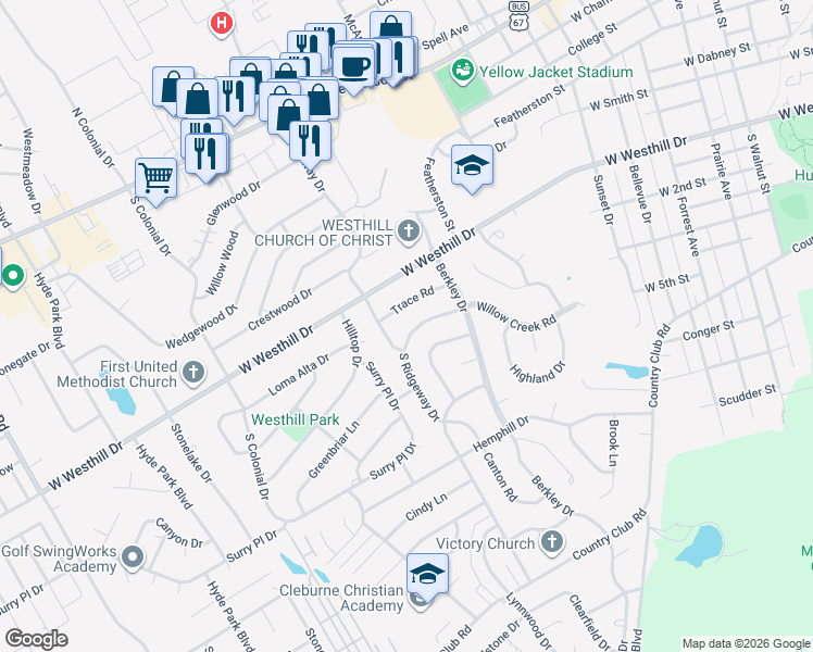 map of restaurants, bars, coffee shops, grocery stores, and more near 1116 Trace Road in Cleburne