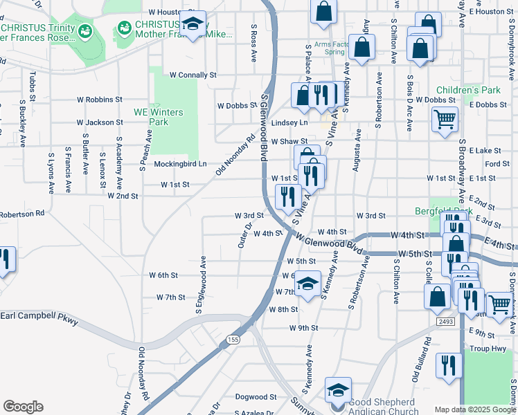 map of restaurants, bars, coffee shops, grocery stores, and more near 1403 South Glenwood Boulevard in Tyler