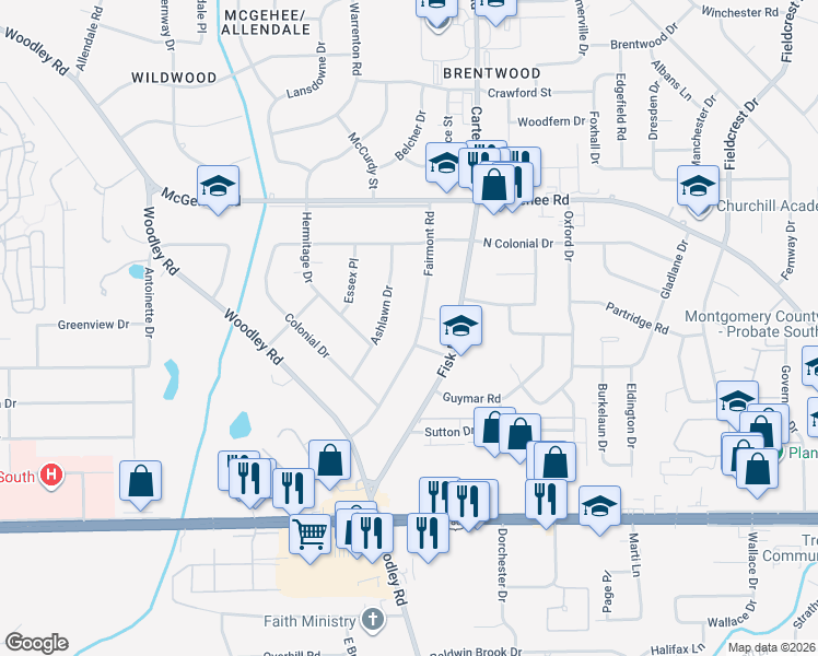 map of restaurants, bars, coffee shops, grocery stores, and more near 2652 Fairmont Road in Montgomery