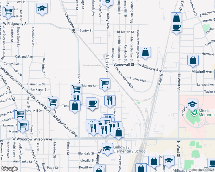 map of restaurants, bars, coffee shops, grocery stores, and more near Market Street in Jackson