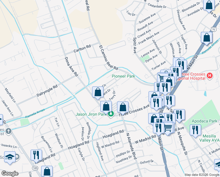 map of restaurants, bars, coffee shops, grocery stores, and more near 312 Richard Drive in Las Cruces