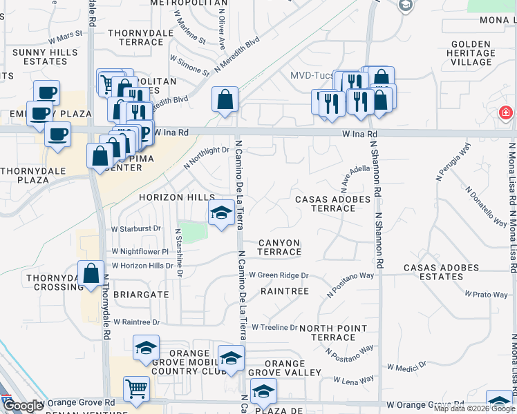 map of restaurants, bars, coffee shops, grocery stores, and more near 7002 North Village View Drive in Tucson