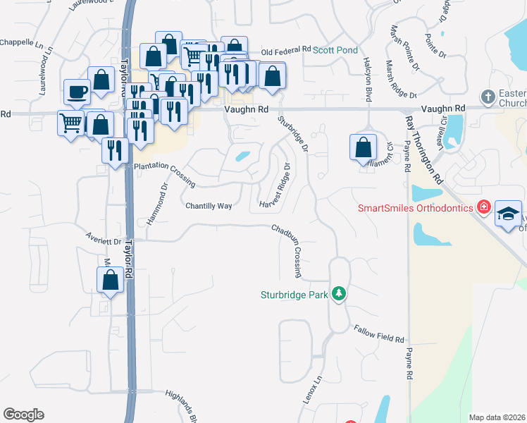 map of restaurants, bars, coffee shops, grocery stores, and more near 8692 Harvest Ridge Drive in Montgomery