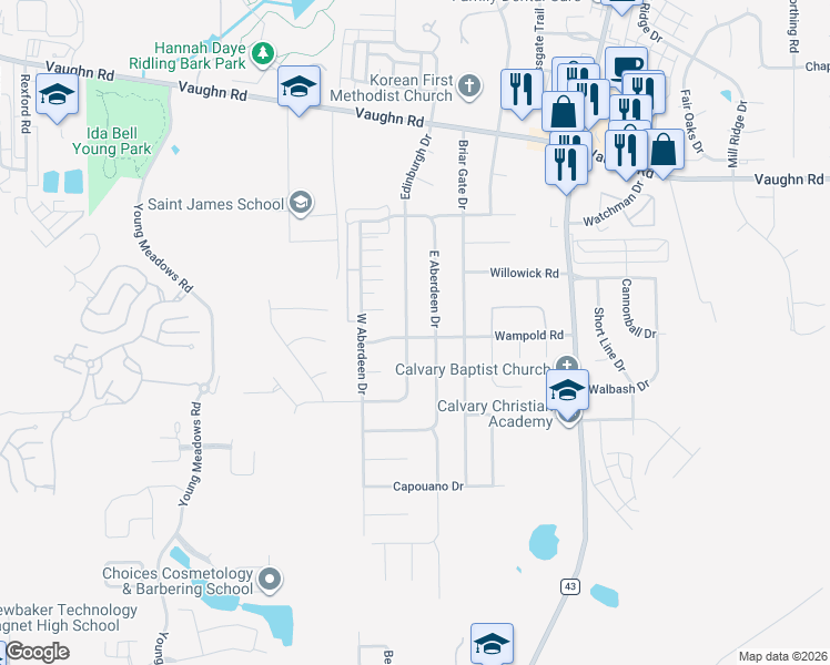 map of restaurants, bars, coffee shops, grocery stores, and more near 2161 Edinburgh Drive in Montgomery