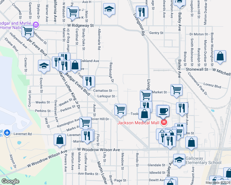 map of restaurants, bars, coffee shops, grocery stores, and more near 3412 Holmes Avenue in Jackson