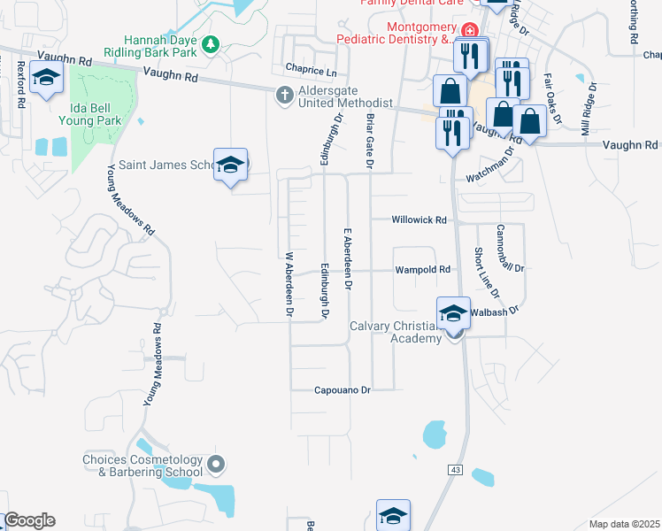 map of restaurants, bars, coffee shops, grocery stores, and more near 2169 Edinburgh Drive in Montgomery
