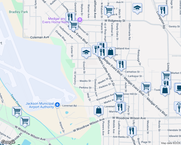 map of restaurants, bars, coffee shops, grocery stores, and more near 1449 Fernwood Drive in Jackson