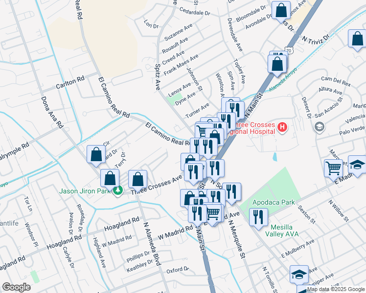map of restaurants, bars, coffee shops, grocery stores, and more near 2341 El Camino Real Road in Las Cruces