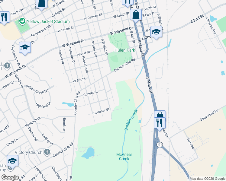 map of restaurants, bars, coffee shops, grocery stores, and more near 1315 South Walnut Street in Cleburne
