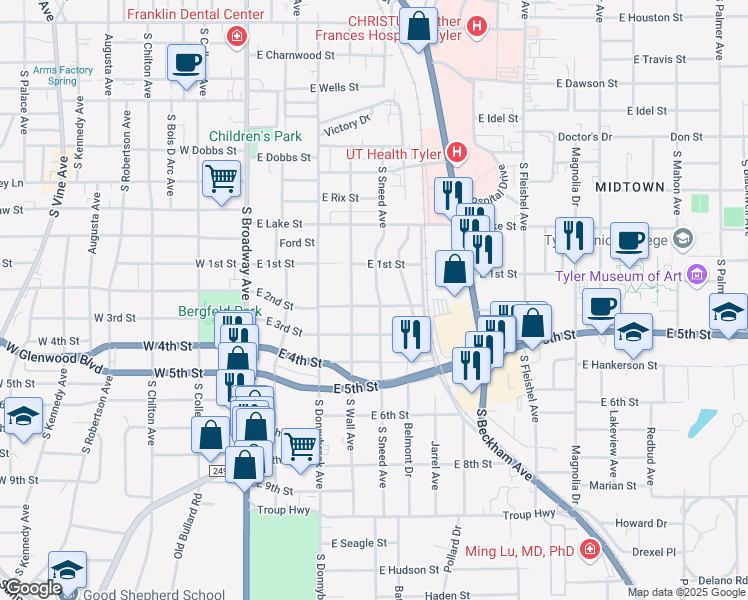 map of restaurants, bars, coffee shops, grocery stores, and more near 1403 South Sneed Avenue in Tyler