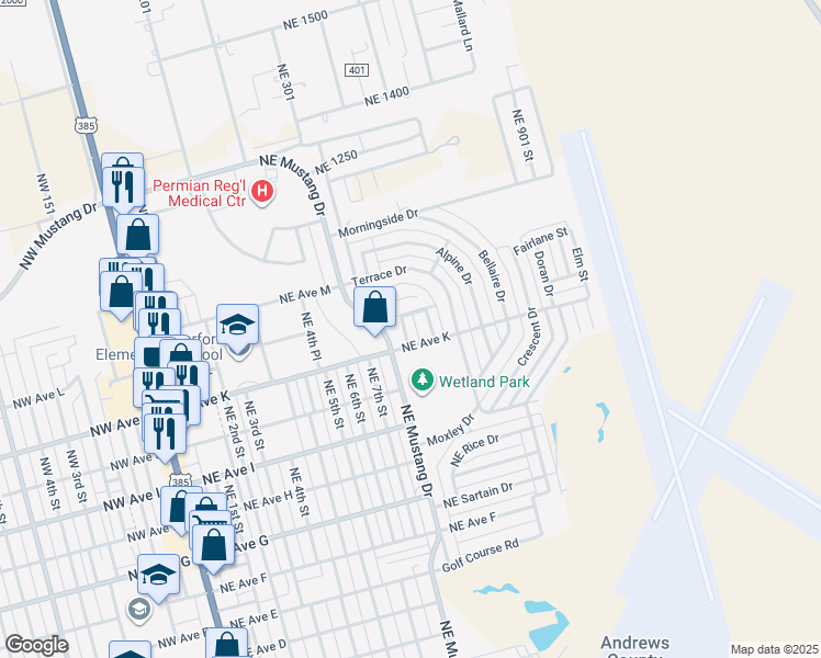 map of restaurants, bars, coffee shops, grocery stores, and more near 1204 Aspen Street in Andrews