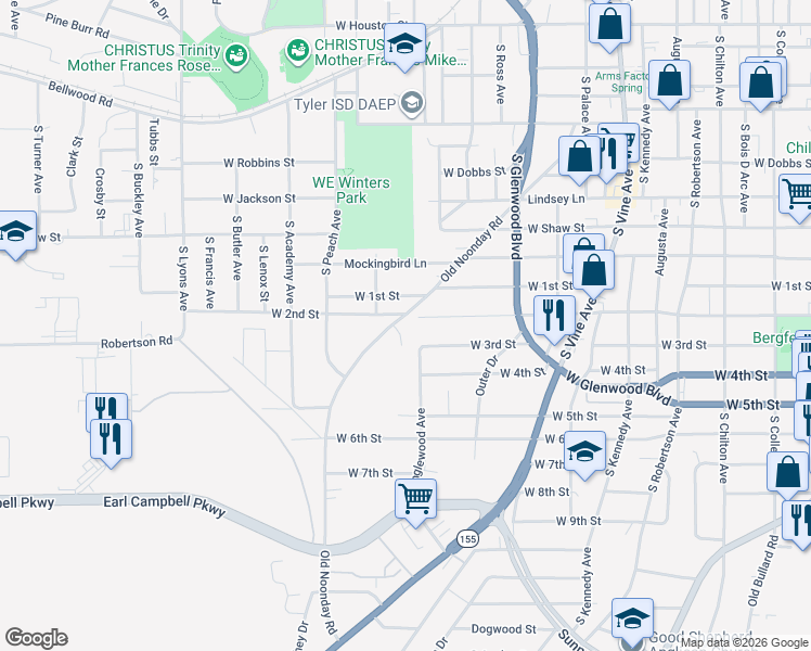 map of restaurants, bars, coffee shops, grocery stores, and more near 1406 Old Noonday Road in Tyler