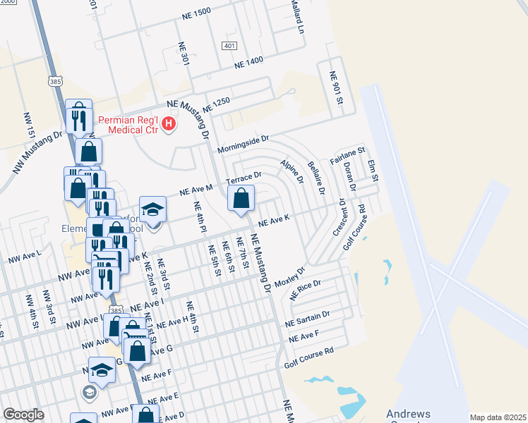 map of restaurants, bars, coffee shops, grocery stores, and more near Redwood Street in Andrews