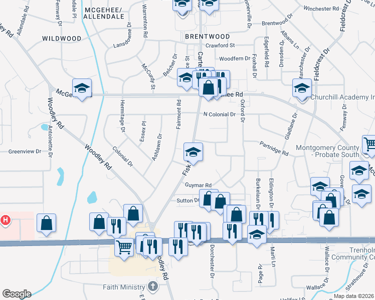 map of restaurants, bars, coffee shops, grocery stores, and more near 2650 Fisk Road in Montgomery