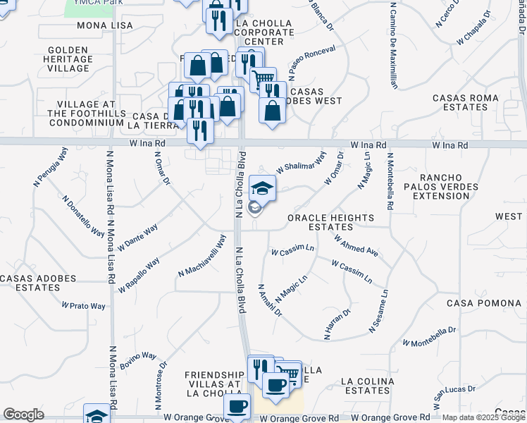 map of restaurants, bars, coffee shops, grocery stores, and more near 2040 West Omar Drive in Tucson