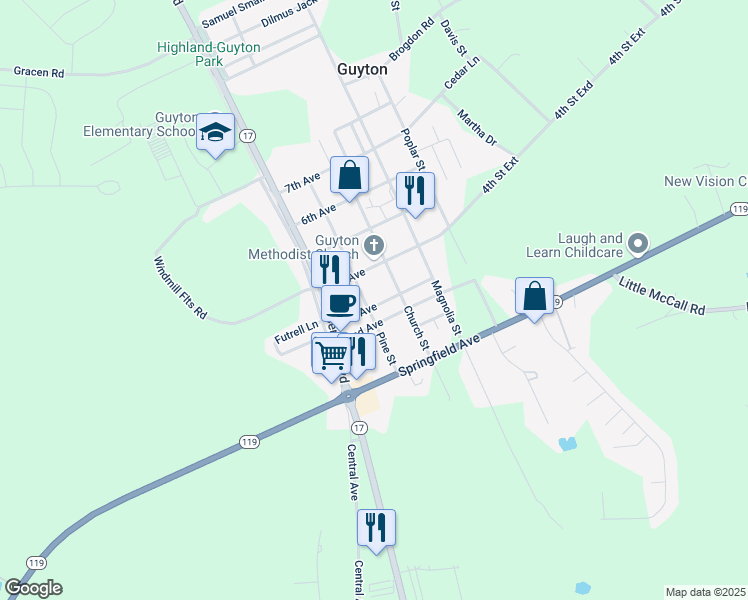 map of restaurants, bars, coffee shops, grocery stores, and more near 302 Pine Street in Guyton