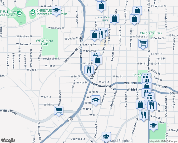 map of restaurants, bars, coffee shops, grocery stores, and more near 1000 W 2nd St in Tyler