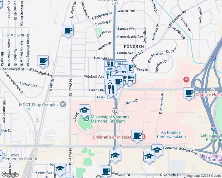 map of restaurants, bars, coffee shops, grocery stores, and more near 2906 North State Street in Jackson