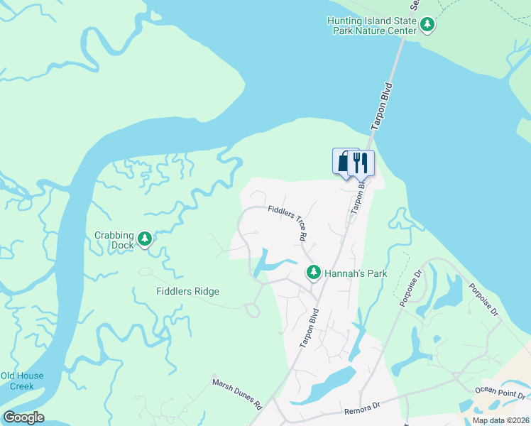 map of restaurants, bars, coffee shops, grocery stores, and more near 11 Fiddlers Trace Road in Fripp Island