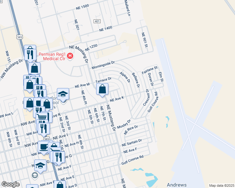 map of restaurants, bars, coffee shops, grocery stores, and more near Redwood Street in Andrews