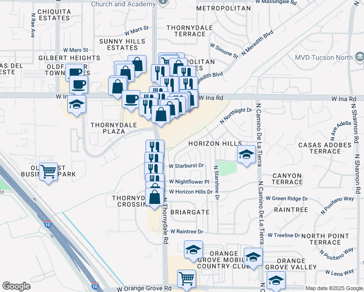 map of restaurants, bars, coffee shops, grocery stores, and more near 6969 North Northlight Drive in Tucson