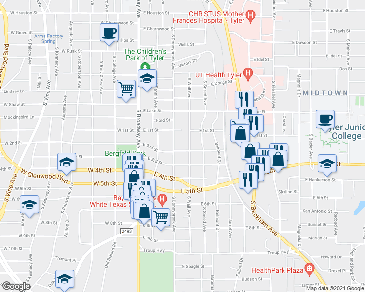 map of restaurants, bars, coffee shops, grocery stores, and more near 414 East 2nd Street in Tyler