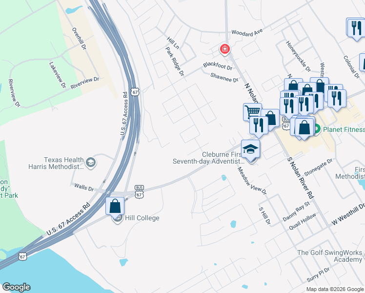 map of restaurants, bars, coffee shops, grocery stores, and more near 1912 West Henderson Street in Cleburne