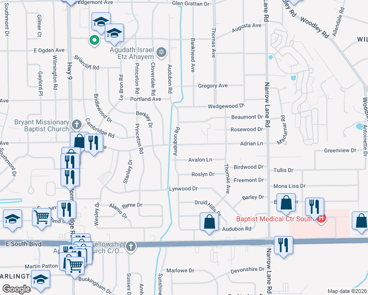 map of restaurants, bars, coffee shops, grocery stores, and more near 1316 Adrian Lane in Montgomery