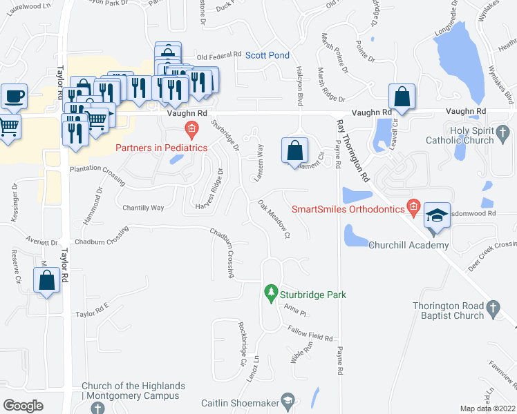 map of restaurants, bars, coffee shops, grocery stores, and more near 8800 Oak Meadow Court in Montgomery