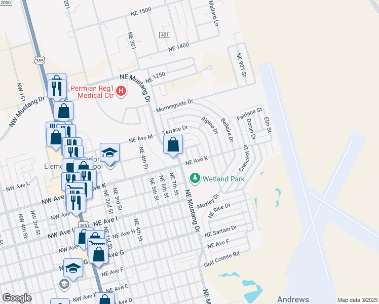 map of restaurants, bars, coffee shops, grocery stores, and more near Redwood Street in Andrews