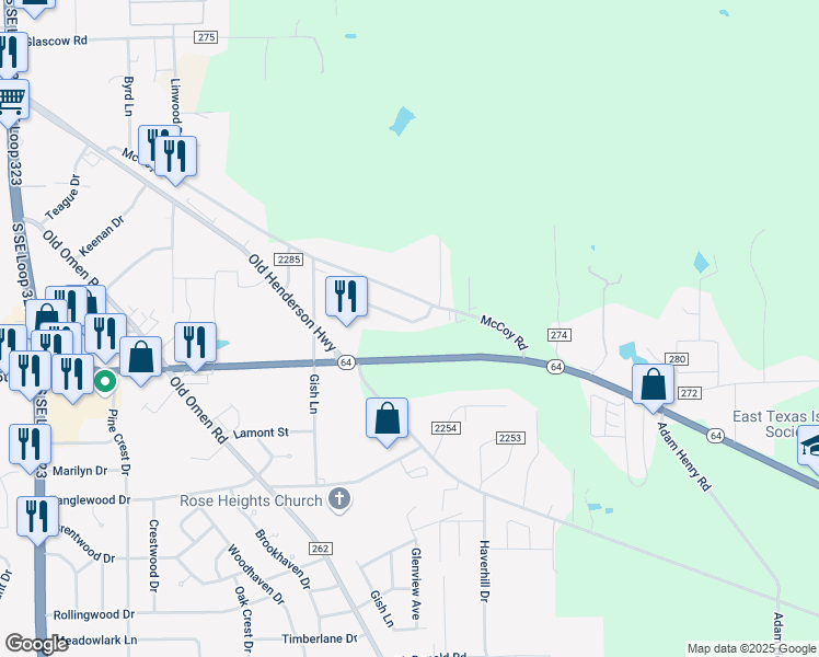 map of restaurants, bars, coffee shops, grocery stores, and more near 8920 Mansion Creek Circle in Tyler