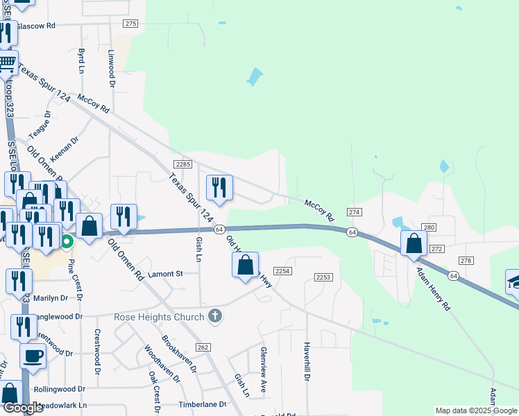 map of restaurants, bars, coffee shops, grocery stores, and more near 8920 Mansion Creek Circle in Tyler