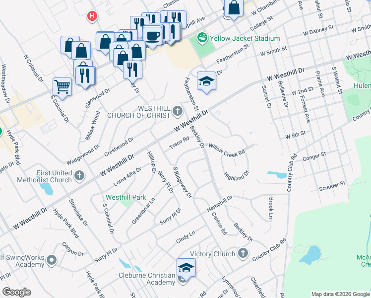 map of restaurants, bars, coffee shops, grocery stores, and more near 1108 Willow Creek Road in Cleburne