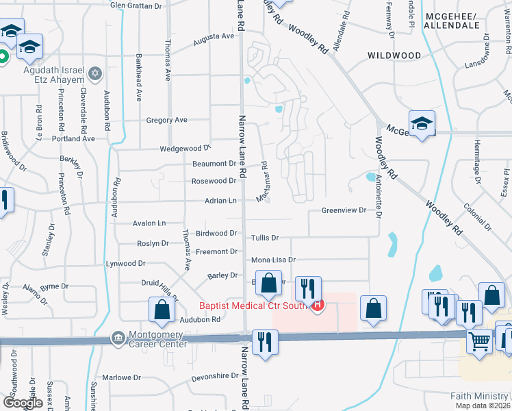 map of restaurants, bars, coffee shops, grocery stores, and more near 3887 Maclamar Road in Montgomery