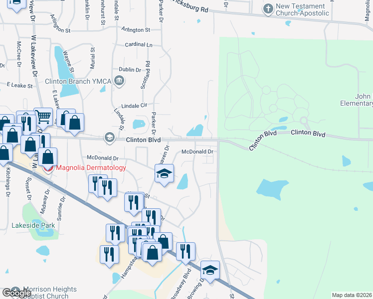 map of restaurants, bars, coffee shops, grocery stores, and more near 531 McDonald Drive in Clinton