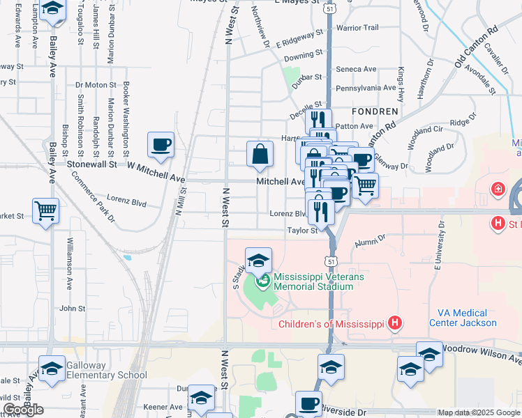 map of restaurants, bars, coffee shops, grocery stores, and more near 302 Lorenz Boulevard in Jackson
