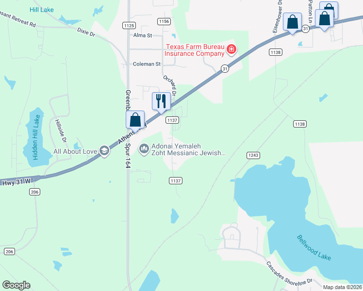 map of restaurants, bars, coffee shops, grocery stores, and more near 12424 Cimmarron Drive in Tyler