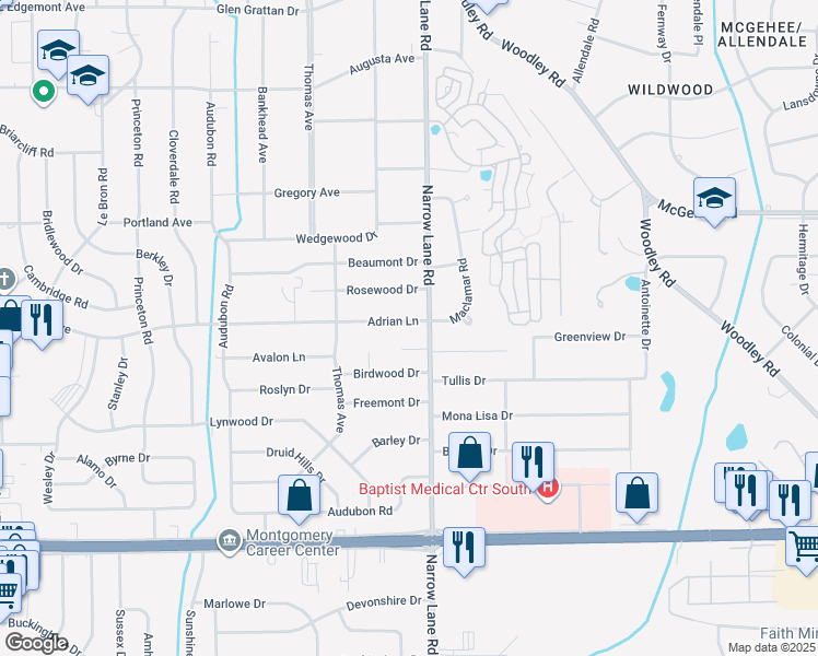map of restaurants, bars, coffee shops, grocery stores, and more near 1450 Adrian Lane in Montgomery