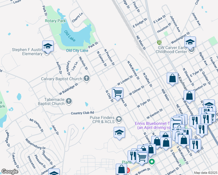 map of restaurants, bars, coffee shops, grocery stores, and more near 608 W Linden St in Ennis
