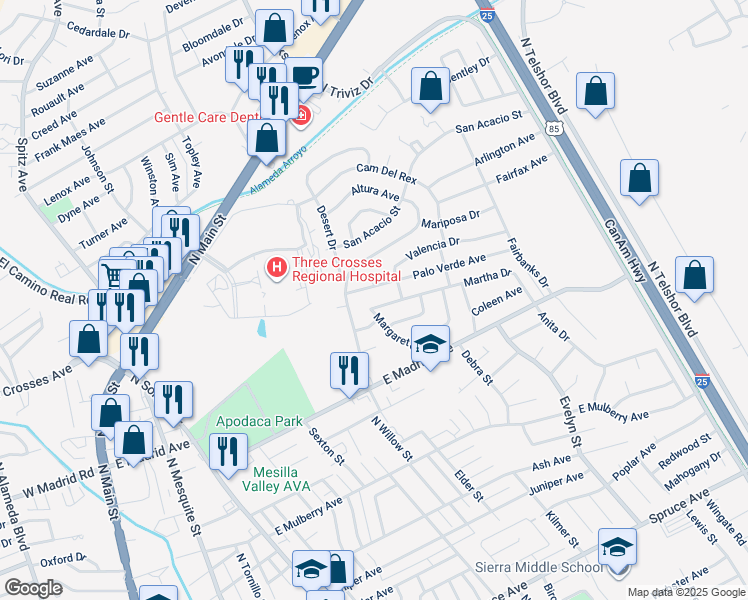 map of restaurants, bars, coffee shops, grocery stores, and more near 1515 Martha Drive in Las Cruces