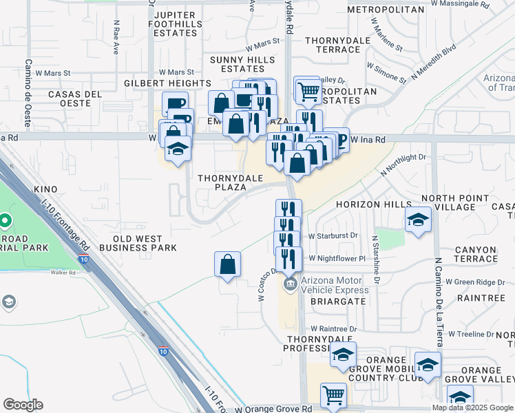 map of restaurants, bars, coffee shops, grocery stores, and more near 7025 North Thornydale Road in Tucson