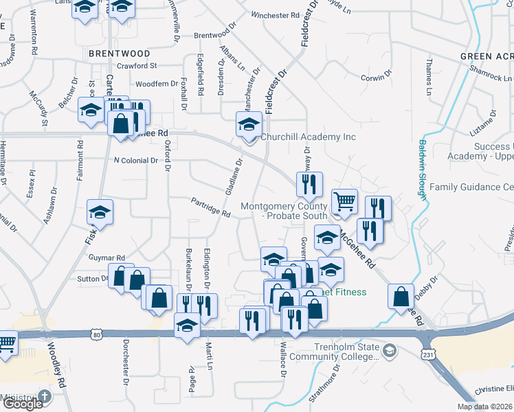 map of restaurants, bars, coffee shops, grocery stores, and more near 3307 Highridge Court in Montgomery