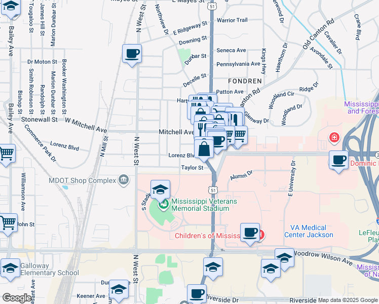 map of restaurants, bars, coffee shops, grocery stores, and more near 2815 North State Street in Jackson