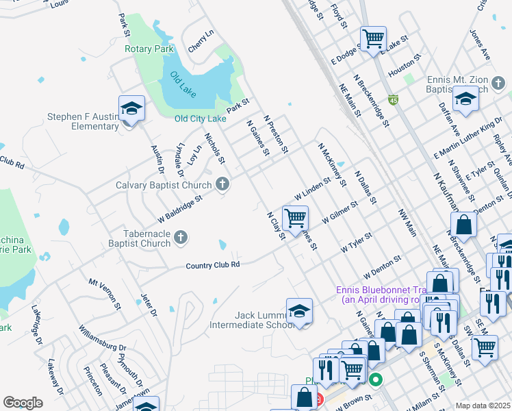 map of restaurants, bars, coffee shops, grocery stores, and more near 1207 North Clay Street in Ennis