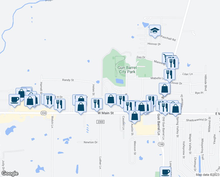 map of restaurants, bars, coffee shops, grocery stores, and more near 400 Church Street in Gun Barrel City