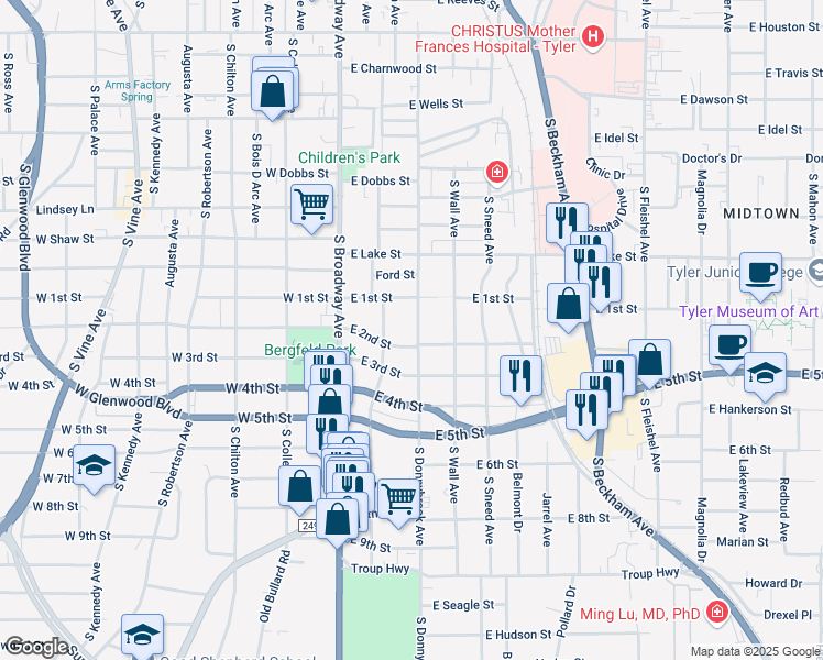 map of restaurants, bars, coffee shops, grocery stores, and more near 1403 South Donnybrook Avenue in Tyler