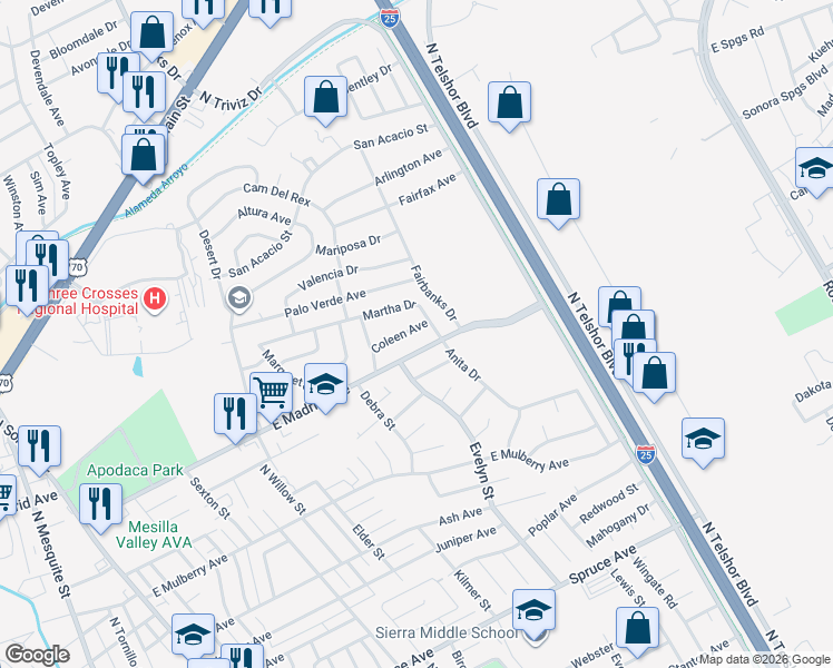 map of restaurants, bars, coffee shops, grocery stores, and more near 2100-2146 Martha Drive in Las Cruces